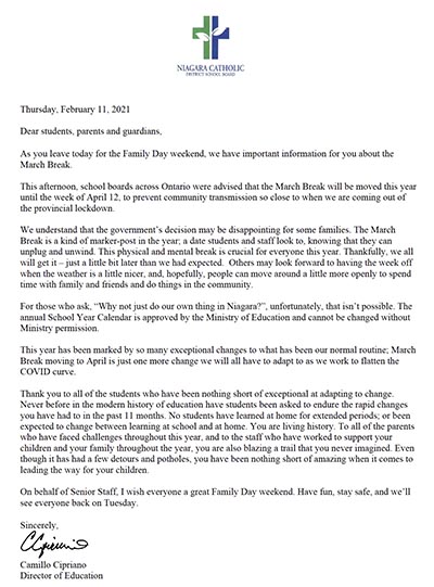 NCDSB March Break Letter